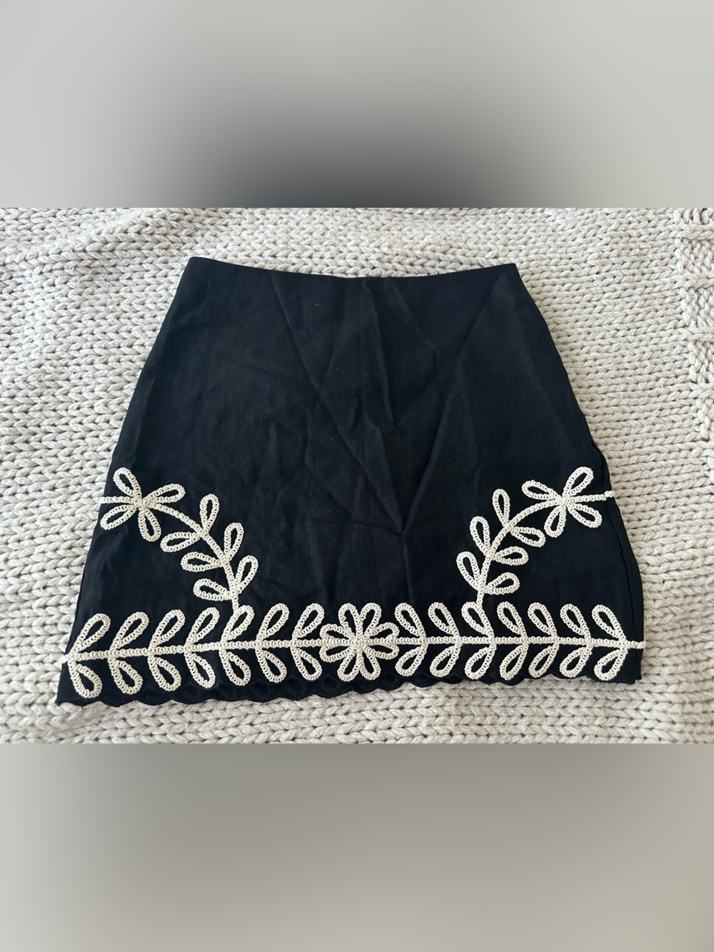 Black linenSkirt with White Embroidered Floral Trim